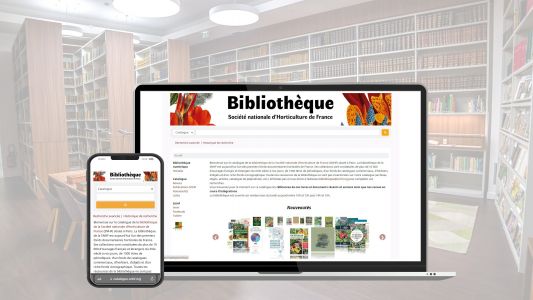 écran ordinateur et téléphone avec la page d'accueil du catalogue de la bibliothèque SNHF